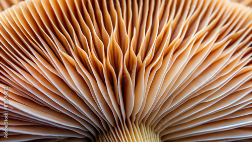 An extreme close-up of the delicate gills of a mushroom, revealing the intricate structures responsible for spore production and dispersal.