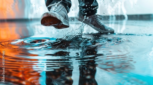 Water waves on a mirrored floor, hip-hop dancer's movements causing ripples, high-energy scene, vibrant reflections and dynamic motion