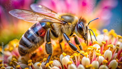 A detailed macro image of a honeybee collecting nectar from a flower, highlighting the symbiotic relationship between plants and insects.
