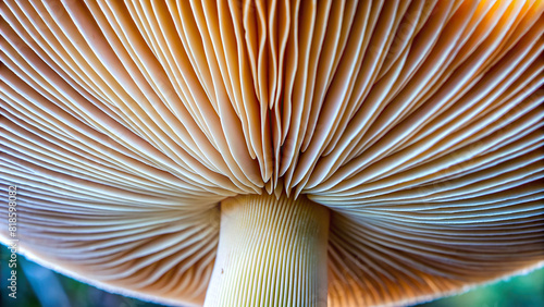 A close-up view of the gills underneath a mushroom cap, demonstrating its role in spore dispersal