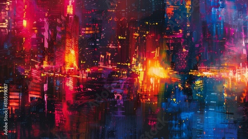 Urban night scene, close-up of a city ablaze with neon lights, colorful reflections on buildings under the night sky