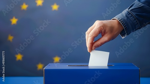 Man putting his vote into ballot box against flag of Europe, closeup. Space for text
