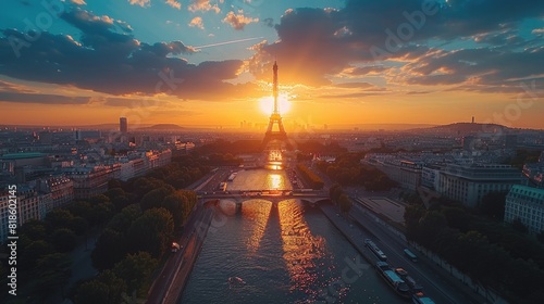 Aerial view of a sunset over majestic Paris city with Eiffel tower and Seine river evening time