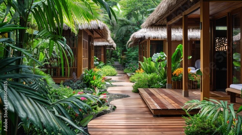 The spa garden with wooden paths, surrounded by exotic plants and flowers.