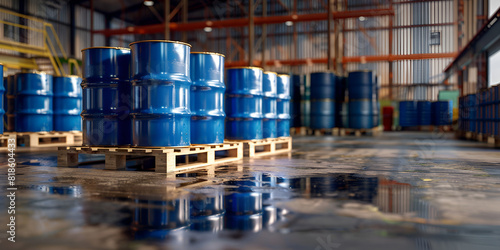 Blue barrel drum on the pallets contain liquid chemical in warehouse prepare for delivery to customs, Rows of blue industrial drums stored in a warehouse, symbolizing mass storage and logistics. 