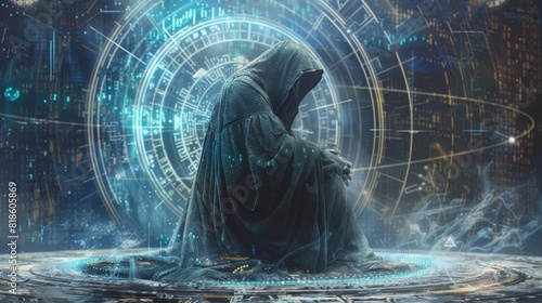 An ancient sorcerer sits in a circle of arcane symbols, his hands glowing with power as he casts a spell. The air around him is filled with a crackling energy.