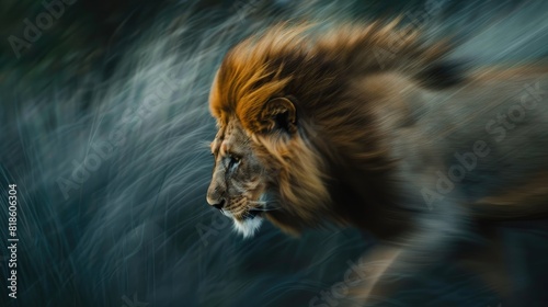 A lion is standing in tall grass, Long exposure blurry shot of a lion, Portrait of lion in motion blur