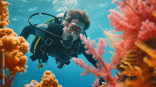 A scuba diver explores a colorful reef teeming with life. The diver's mask and bubbles add to the sense of discovery in the crystal-clear waters, highlighting the vibrant marine ecosystem