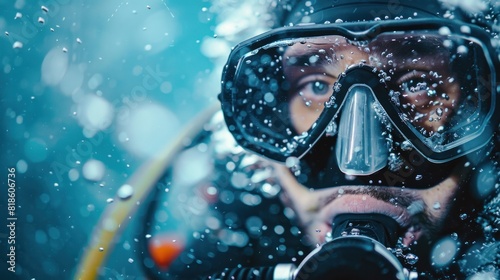 Close-up of scuba diver's face with mask and bubbles underwater