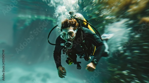 Scuba diver swimming underwater near coral reef in clear water