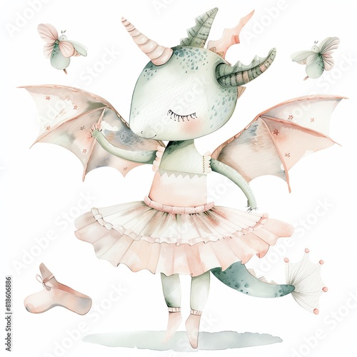 A cute watercolor illustration of a baby dragon wearing a pink tutu and ballet slippers. The dragon is dancing with two butterflies.