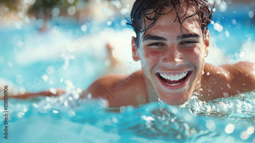 Smiling swimmer swimming freestyle with water splashes