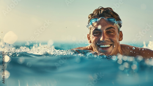 Swimmer with goggles swimming freestyle in open water with a smile
