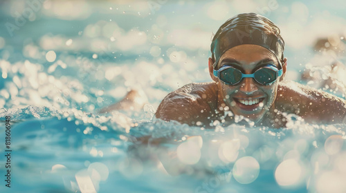 Smiling swimmer with goggles and swim cap swimming freestyle with water splashes