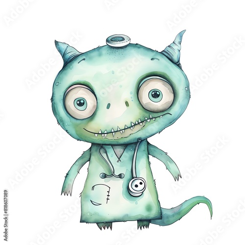 Create a watercolor illustration of a cute and friendly green monster wearing a doctor's outfit, with a stethoscope around its neck and a friendly smile on its face