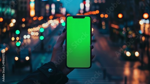 hand holding a green screen phone in front of a blurred background of a city street at night.