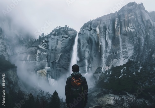 A hiker standing in front one of the highest waterfalls in National Park, looking at the waterfall and forest.