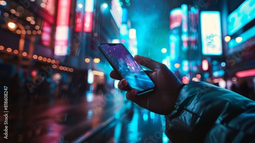  hand holding a smartphone in front of a blurred background of a busy city street at night