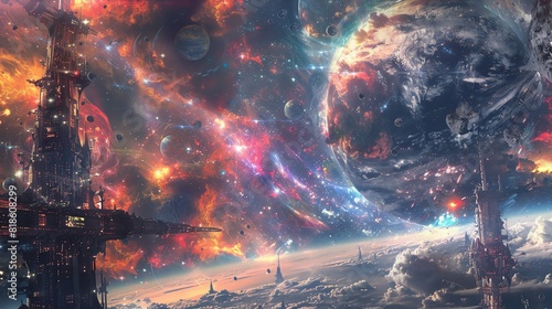 A panoramic view of a futuristic space station with surrealist elements, vibrant nebulae, and flowing, dreamlike landscapes, photorealistic, high detail, digital art