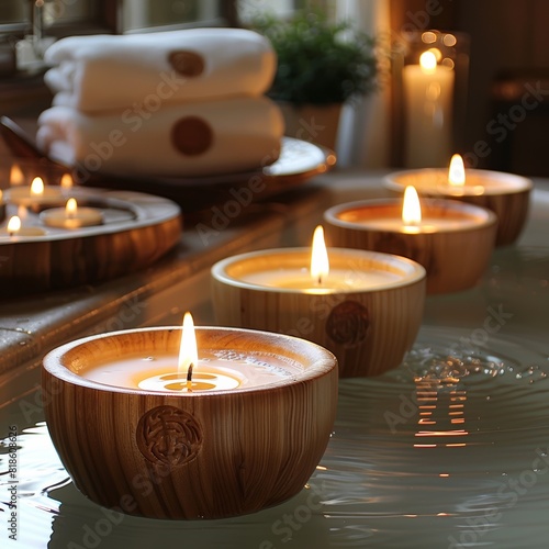 Wooden bowls with burning candles floating in water.