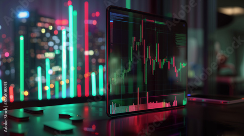 A digital trading screen showcases fluctuating stock market graphs while vibrant city lights reflect on a window in the background, highlighting the late evening ambiance. Generative AI