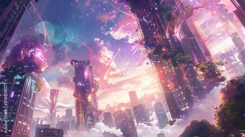 Low-angle view of futuristic skyscrapers entwined with colossal, glowing vines, ethereal sky and floating islands, watercolor style, vibrant hues, fantasy urban exploration