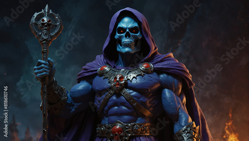 This is a picture of Skeletor from the Masters of the Universe franchise. He is a tall, muscular skeleton with a purple hood and loincloth, and he is holding a sword.
