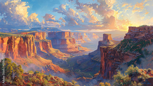 A canyon landscape oil painting on canvas, with deep, red rock formations and a bright sky