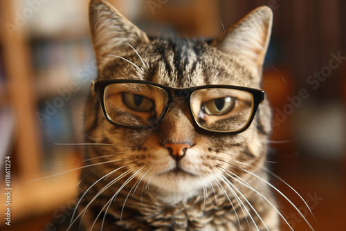 眼鏡をかけたキジトラ猫のクローズアップ