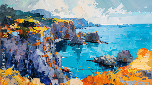 A cliffside landscape oil painting on canvas, with bold brushstrokes and striking colors