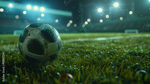 Pallone da calcio sull'erba di un campo da calcio di uno stadio all'imbrunire con luci accese