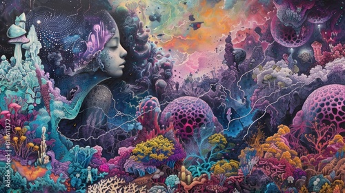 Colorful surreal coral reefs with woman face, digital art painting AI Generated image