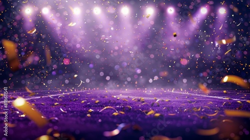 Purple background, lights and golden confetti on the purple background, football stadium with spotlights, banner for sports events