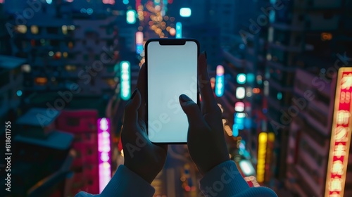 woman holding a smartphone in her hands against the background of a night city.
