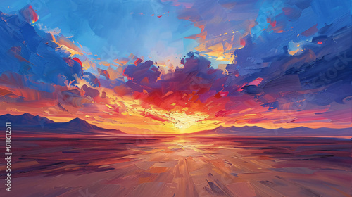 A desert sunset oil painting on canvas, with bold colors and striking shadows