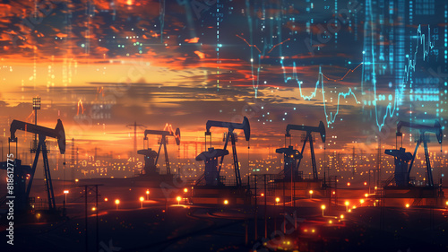 A panoramic scene of oil pumpjacks at twilight, subtly blended with glowing stock market numbers and energy statistics, tailored for corporate presentations