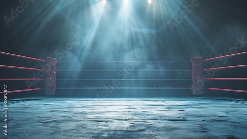 Boxing ring under spotlight with no people, emphasis on the empty ring and ropes, wide space for text, perfect for advertising