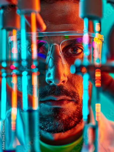 Man scientist in laboratory holding test tubes and beakers. Chemical research. Scientist conducts an experiment in the laboratory. Image in vivid colors. 