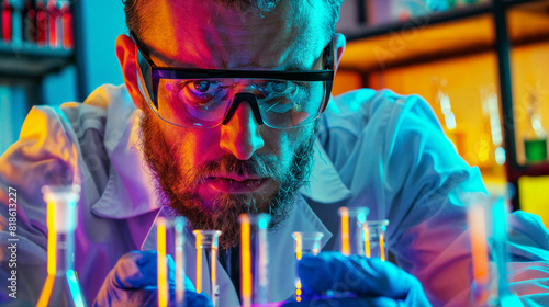 Man scientist in laboratory holding test tubes and beakers. Chemical research. Scientist conducts an experiment in the laboratory. Image in vivid colors. 
