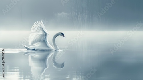 A serene swan gliding across a tranquil lake, its elegant neck curved gracefully as it leaves a gentle wake behind.