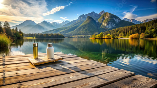 An idyllic lakeside setting with a product placed on a weathered dock, surrounded by water and mountains, perfect for advertising 