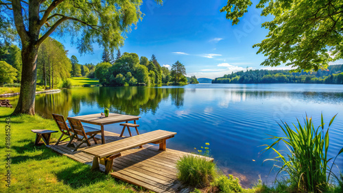 An idyllic lakeside setting with a clear blue sky, providing the perfect background for showcasing outdoor products or concepts.