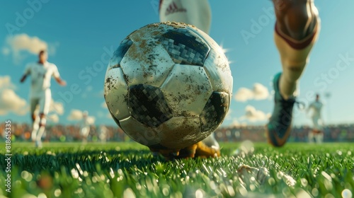 close-up. soccer ball and football player's legs, playing on the field