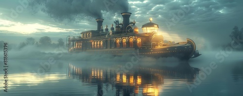 A steampunkinspired boat with brass details and steampowered navigation, cruising on a misty lake, Steampunk, Illustration