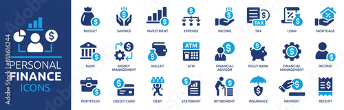 Personal finance icon set. Containing budget, savings, expense, income, tax, loan, statement, financial management, mortgage and more. Solid vector icons collection.