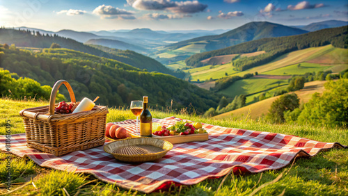 A picturesque outdoor picnic setup with a product showcased on a checked blanket, set against a backdrop of rolling hills 