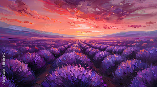 A lavender field at dusk oil painting on canvas, with rows of purple flowers under a pink sky