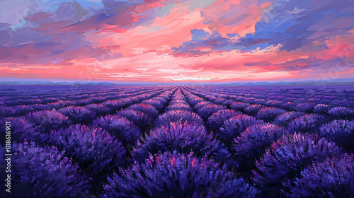 A lavender field at dusk oil painting on canvas, with rows of purple flowers under a pink sky