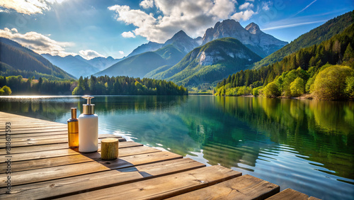 An idyllic lakeside setting with a product placed on a weathered dock, surrounded by water and mountains, perfect for advertising 