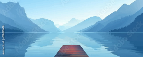A tranquil lakeside scene with a wooden dock stretching out into calm waters, framed by majestic mountains. Vector flat minimalistic isolated illustration